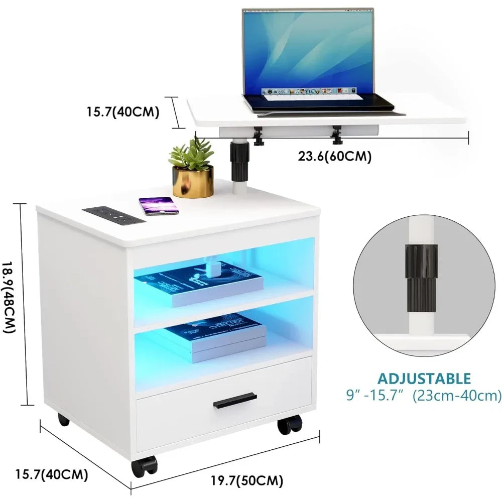 Modern white bedside table with adjustable laptop tray, storage shelves, and LED lighting accents.