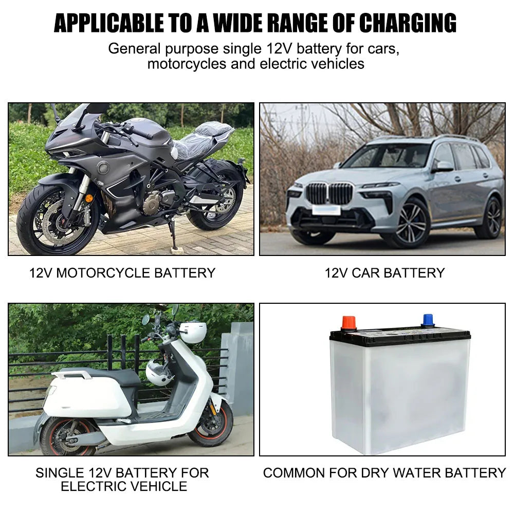 Versatile 12V battery charger suitable for cars, motorcycles, and electric vehicles