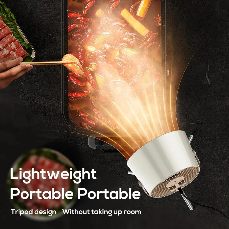 Compact kitchen exhaust fan with USB charging, ideal for barbecue or compact cooking areas without wall space.