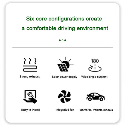 Solar-powered car ventilation fan with strong exhaust, wide angle suction, easy installation, integrated fan, and compatibility with universal vehicle models to create a comfortable driving environment.