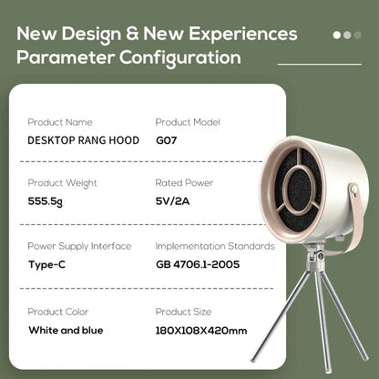 Compact desktop exhaust fan with white and blue color, featuring a USB-powered design, small kitchen range hood extractor, and compact size for barbecue or cooktop use.
