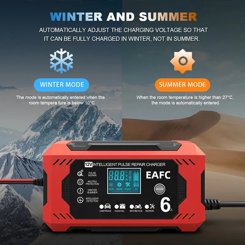 Car Battery Charger 6A 12V Auto and Motorcycle Battery Charging Device with Smart Repair, LCD Display