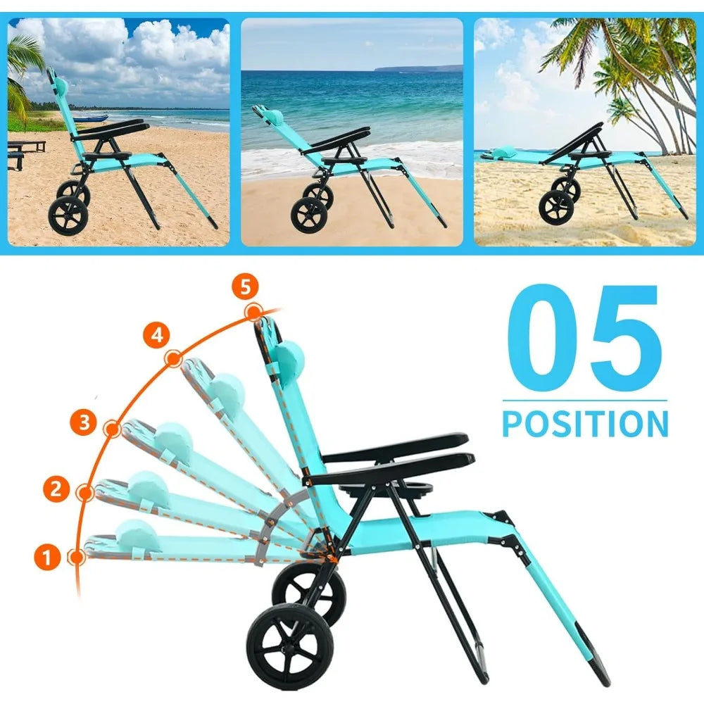 Beach chair with adjustable positions, featuring large wheels for easy transport on sandy beaches with tropical surroundings.