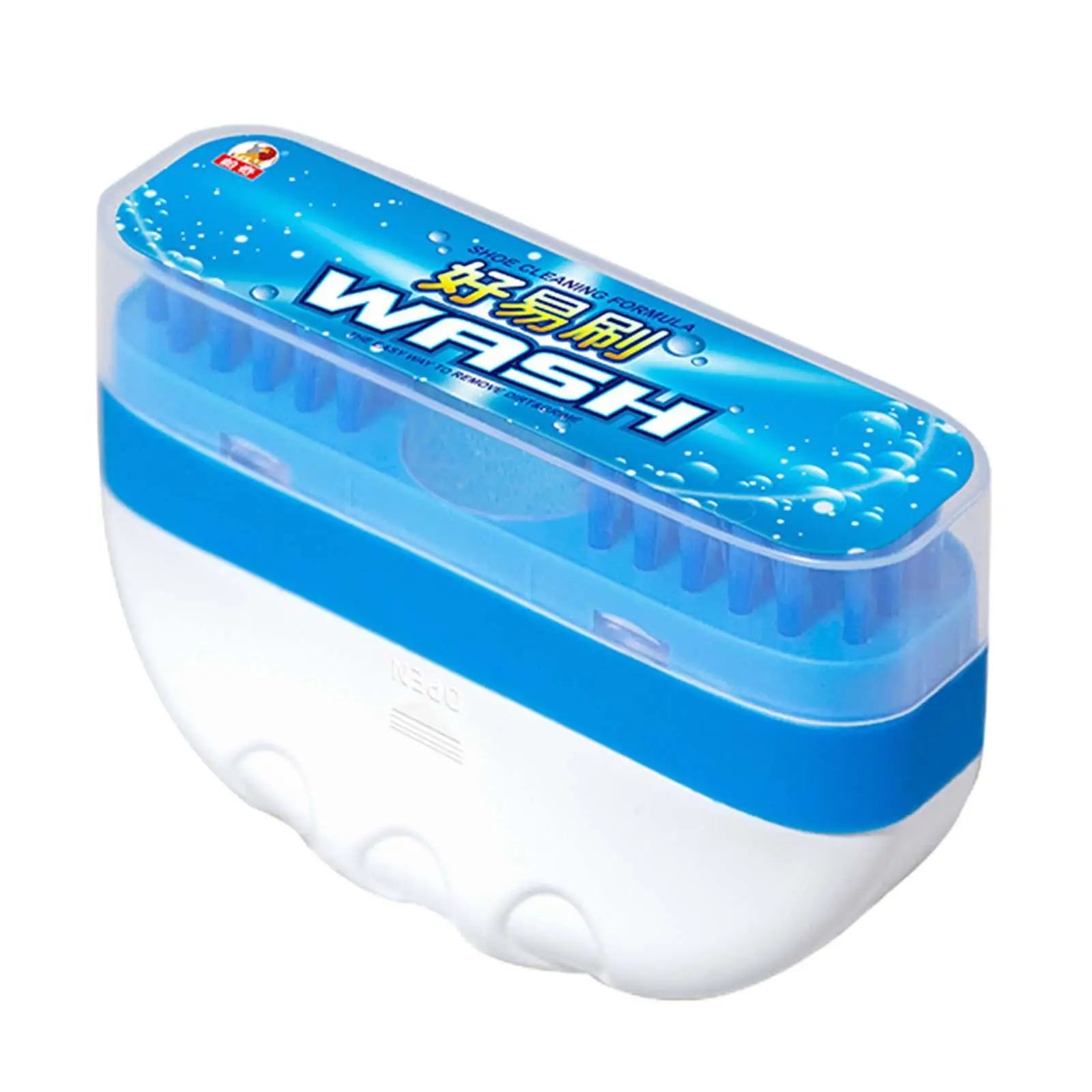 Blue and white waterless shoe cleaner solution in a plastic container with the brand name "WASH" prominently displayed on the packaging.