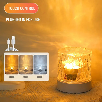 Enchanting RGB Ripple Projection Lamp: Mesmerizing water ripple effect night light with multicolor rotating illumination, creating a soothing ambiance in the room.