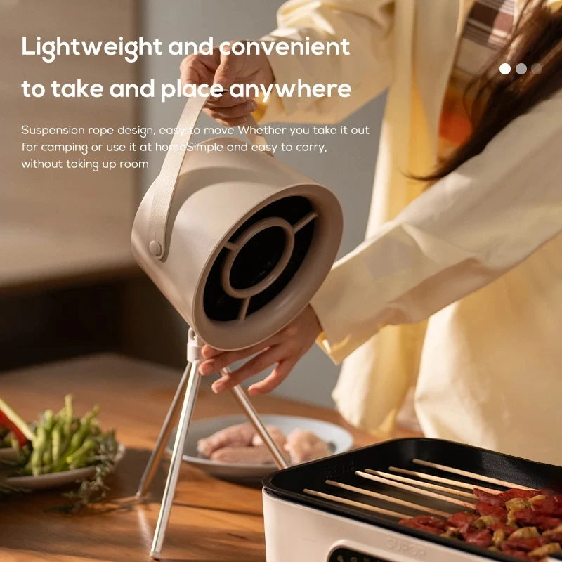 Portable kitchen exhaust fan with suspension rope design for easy mobility and placement, ideal for camping or small spaces.