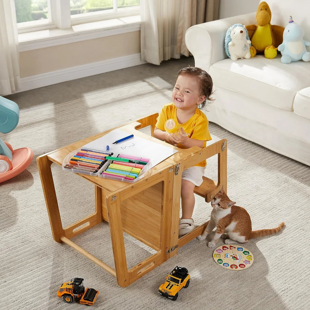 4-in-1 Standing Tower for Toddlers and Kids 1-6 Years, Bamboo Kitchen Learning Helper Stool with Chalkboard, Desk Table, - naiveniche
