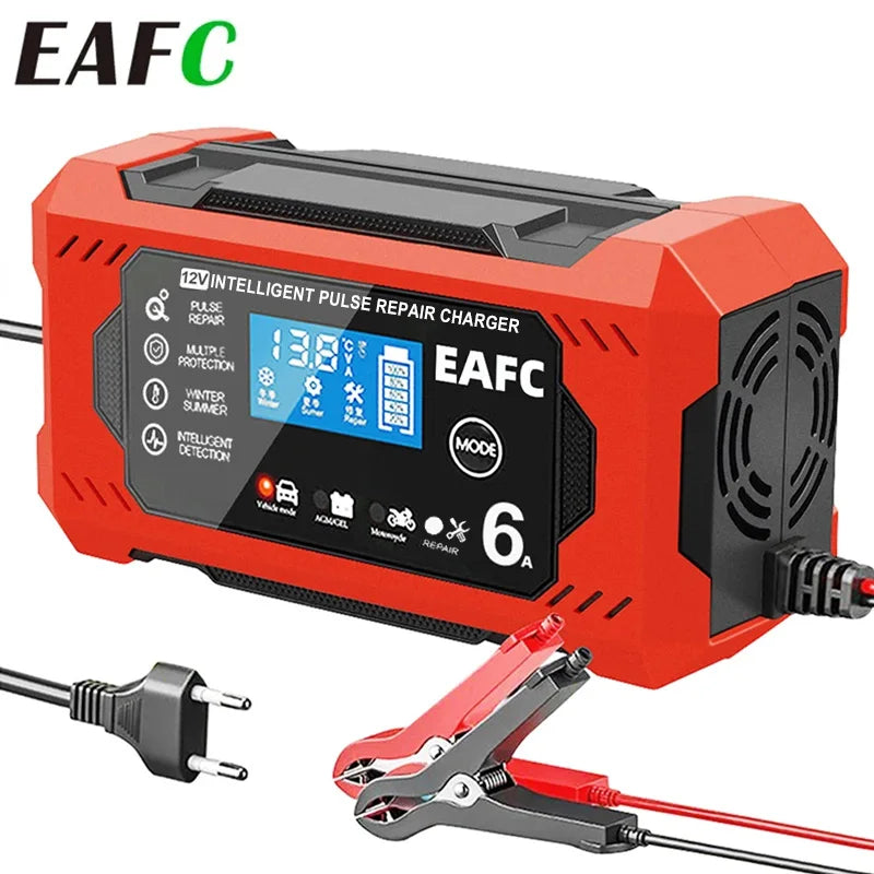 Intelligent 12V car and motorcycle battery charging device with LCD display and smart repair functions from the naiveniche brand.