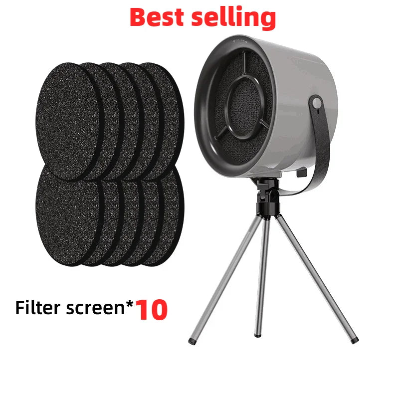 Compact, portable exhaust fan with mini suction cooker hood and filter screens for efficient kitchen ventilation during barbecue or cooking.