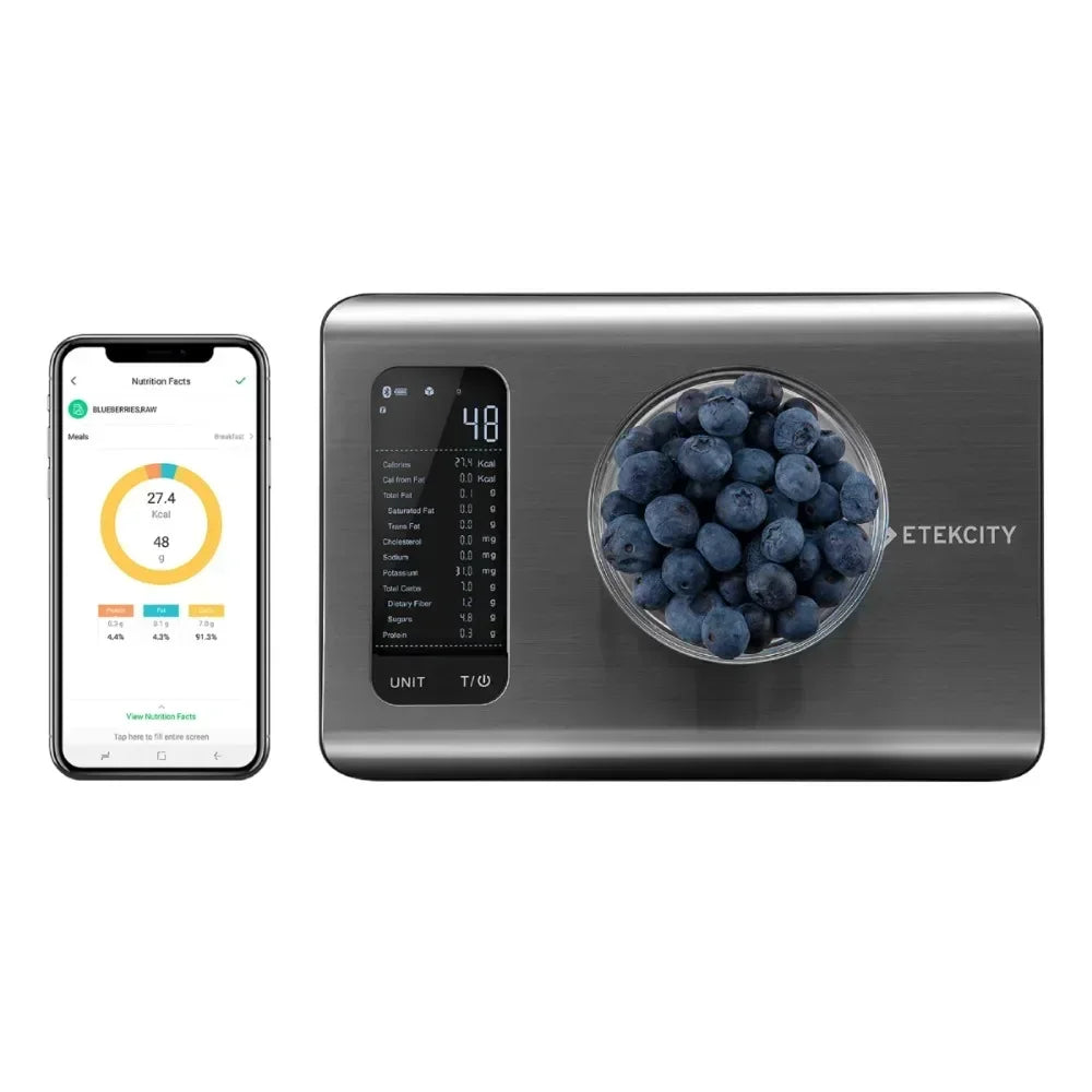 Smart Nutrition Scale, Sleek Metal Design, Measures in Ounces, Grams, and Milliliters, Digital Display, Fitness, Cooking, Kitchen Gadgets.