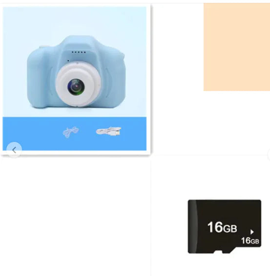 Compact kids camera with toy design elements, placed on a blue background with graphic shapes. Includes a 16GB memory card for storage.