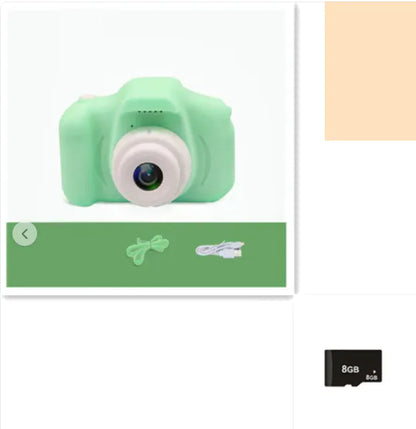Compact green kids' camera with eye-catching design, suitable for young photographers. Accompanied by memory card storage.