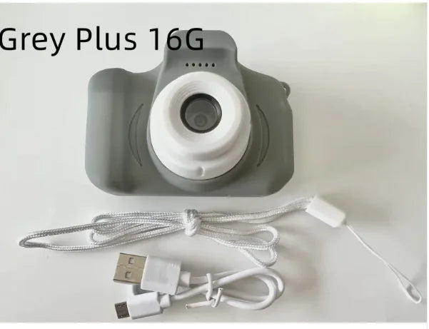 Compact kids camera in sleek gray color with USB charging cable for easy connectivity