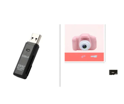 Compact digital camera with micro SD card and USB cable for easy storage and transfer of photos
