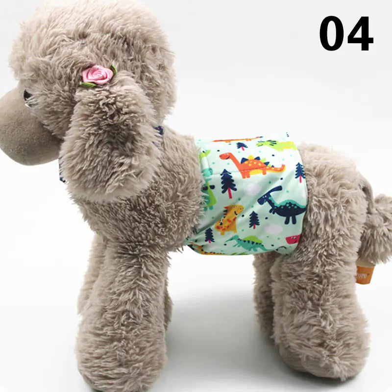 Soft and fluffy gray plush dog toy with a colorful dinosaur-patterned diaper accessory.