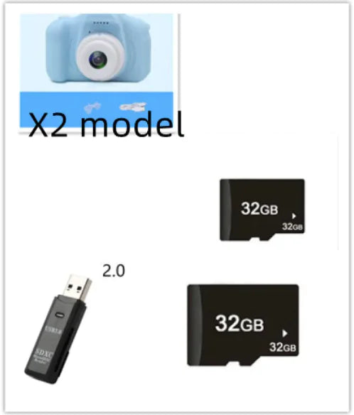 Compact blue kids camera with 32GB memory cards and USB adapter, ideal for capturing young adventures.