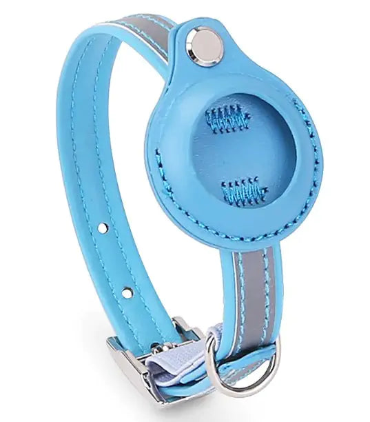 Stylish turquoise leather pet tracker collar cover with metal ring, designed for easy attachment of GPS pet tracking device.