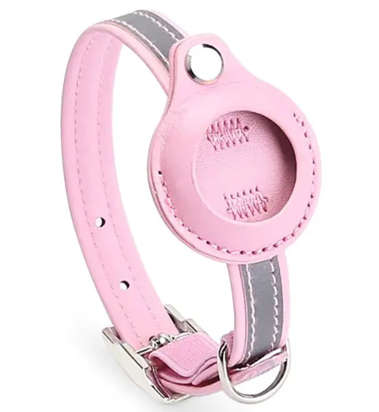 Stylish pink pet tracker collar cover with circular design and reflective gray trim