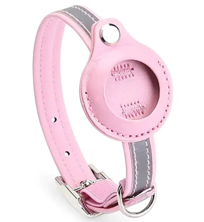 Stylish pink pet tracker collar cover with circular design and reflective gray trim