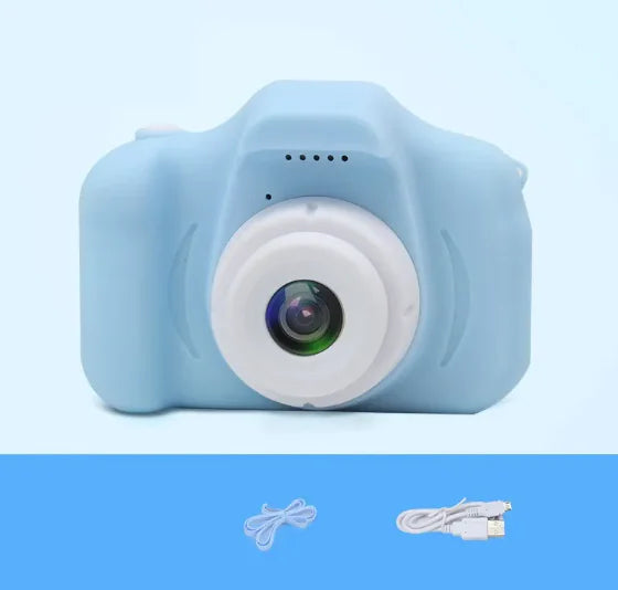 Compact blue kids' camera with lens and control buttons, accompanied by cables on a blue background, perfect for capturing memories and creativity.