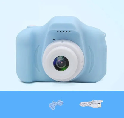 Compact blue kids' camera with lens and control buttons, accompanied by cables on a blue background, perfect for capturing memories and creativity.