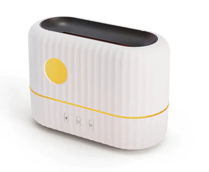 White compact desktop humidifier with yellow accents, designed for home office use