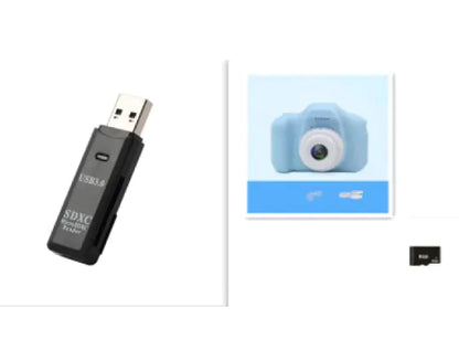 Compact kids camera with digital storage card in a minimalist blue design.