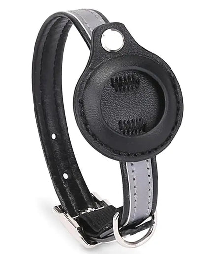 Leather Guardian Pet Tracker Collar Cover from naiveniche. The image shows a black leather collar accessory with a circular cutout designed to hold and protect a pet tracking device.