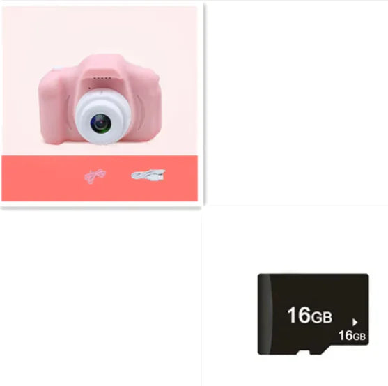 Compact kids' camera in pink with one big eye lens, surrounded by a coral-colored border, along with a 16GB memory card.