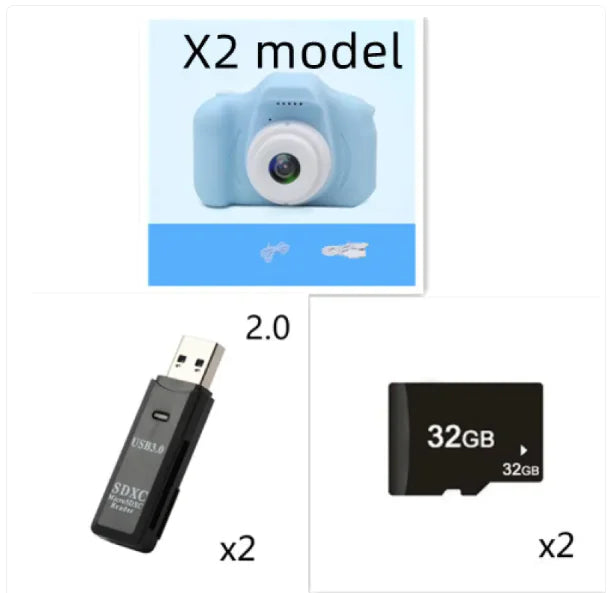 Compact kids camera with accessories: X2 model camera, 2 USB connectors, and 2 microSD cards. Product placement showcases the camera and its supporting components.