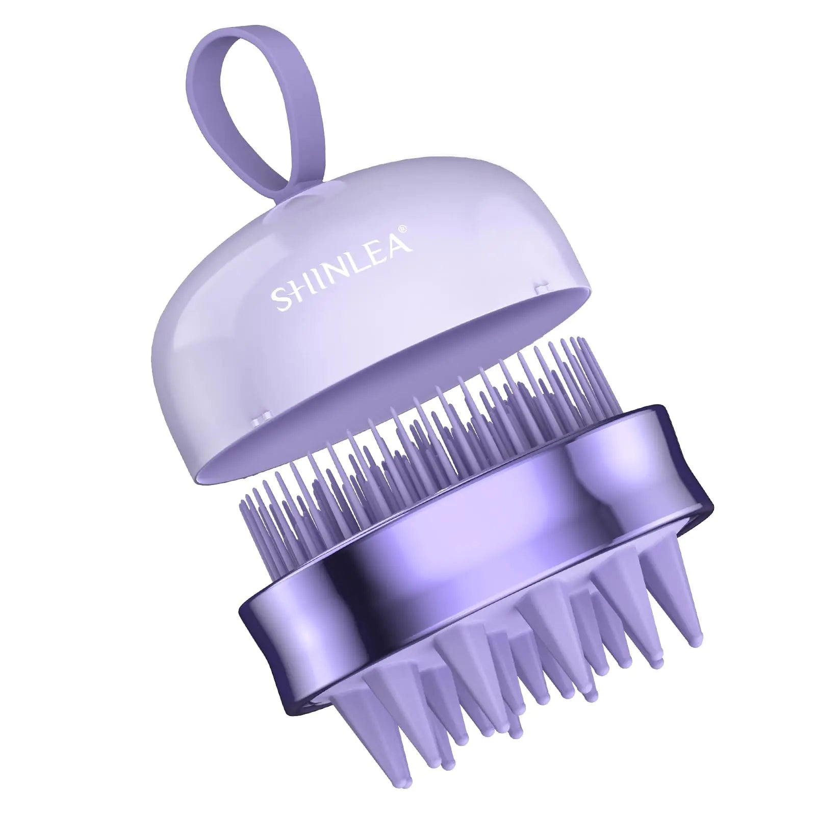 Stylish 2-in-1 Silicone Shampoo Brush and Scalp Massager in lavender color by NaiveNiche brand, displayed on a white background.