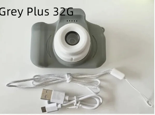 Compact kids' camera in grey with 32GB storage and USB charging cable