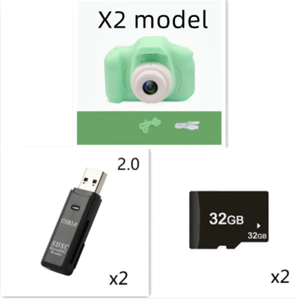Compact green kids camera with USB and microSD card accessories