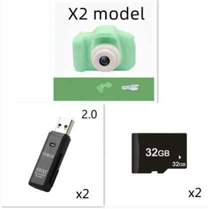 Compact green kids camera with USB and microSD card accessories