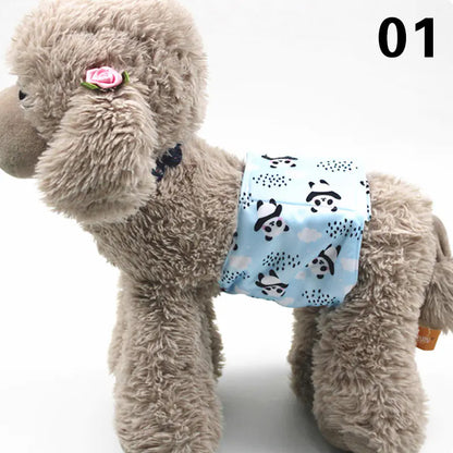 Soft, plush gray puppy dog toy with a patterned doggy diaper or wrap accessory