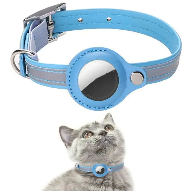 Adjustable sky-blue pet collar with a removable tracker cover for pet monitoring and safety.