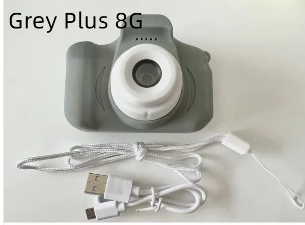 Gray compact camera with child-friendly design for easy use. Features a USB charging cable and lanyard strap for convenient portability. This kids' camera from the NaiveNiche brand offers a simple, user-friendly photography experience.