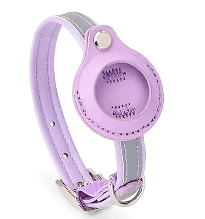 Lavender leather pet tracker collar cover with metal clasp