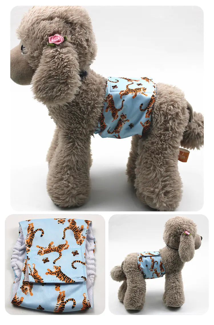 Plush gray dog with absorbent pet urine pad featuring playful tiger print pattern