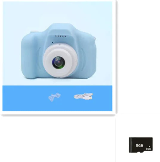 Blue kids camera with white lens, USB cable, and 8GB memory card
